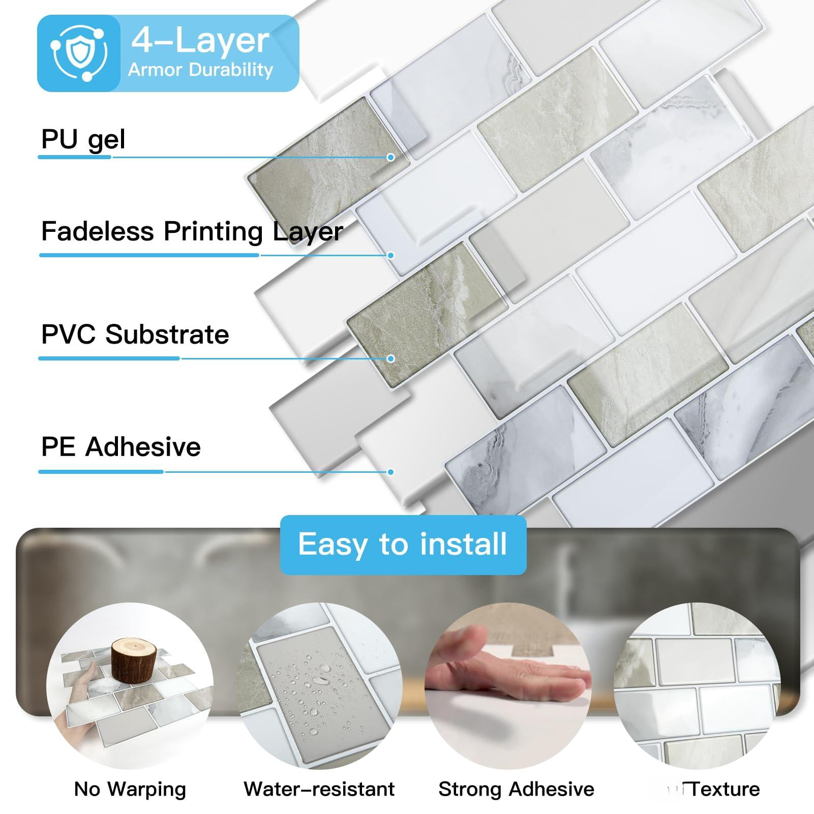 Peel And Stick Beige & White Wall Tiles - 12"x12" Thickened Design Backsplash  Self-adhesive Tile For Kitchen Bathroom Decor