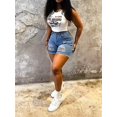 thumbnail image 3 of Women's Distressed Denim Shorts Curve Hugging Frayed Hem Summer Jeans, 3 of 8