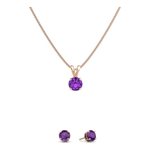 18K Rose Gold 1/2ct Amethyst Round 18 Inch Necklace and Earrings Set Plated