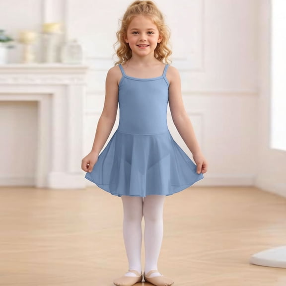 ITSAME Girls Ballet Dance Dress, Leotards Spaghetti Strap Ruffle Kids Fashion Ballet A-Line Dress Blue 5-6T