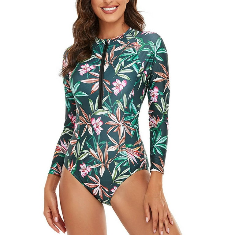 EHQJNJ 1 Piece Swimsuit Women Tummy Control Plus Swim Suit Women Zipper  Fashion Triangle Leaf Print Long Sleeve Bikini Swimsuit