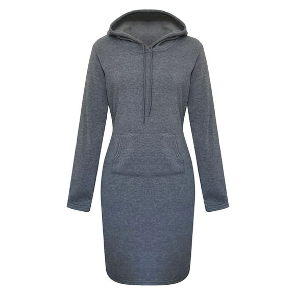 BOOMILK Winter Dresses for Women Solid Drawstring Hooded Long Sleeve Sweatshirt Dress With Pocket Slim Long Hoodies Gray