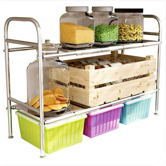 2-Layer Under Sink Organizer Adjustable Height and Length Under The Sink Shelf Multifunctional Stainless Steel Kitchen Organizers and Storage,8 Boards