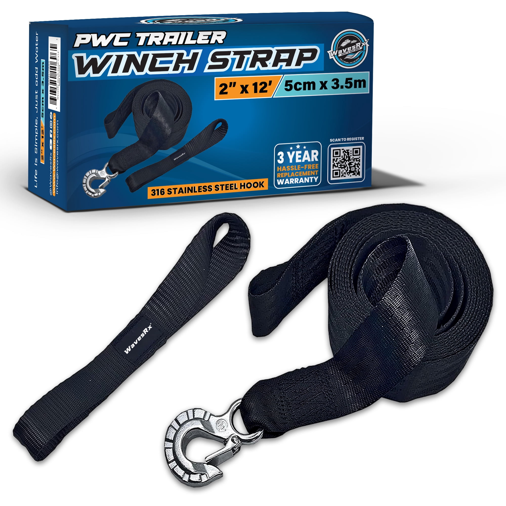 WAVESRX 2" x 12' Boat Trailer Winch Strap Replacement with Marine Grade Stainless Steel Hook