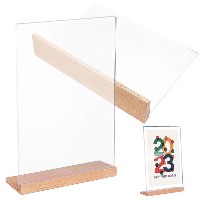 Transparent Document Brochure Holders L-Shaped for Weddings Wooden Base Display 2Pcs