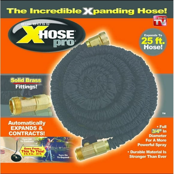 Big Boss XHose Pro Noir 25 pi 3/4 po Tuyau D’arrosage Léger Extensible Anti-Pliage Rangement Facile Entretien