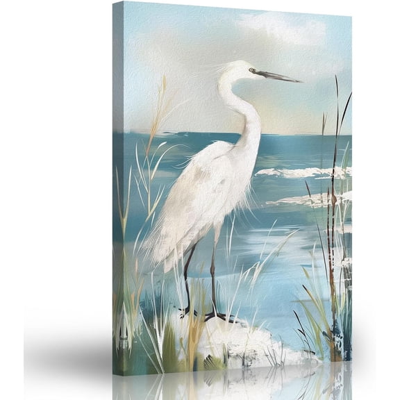 ZHONGYUTONG Heron Canvas Wall Art Coastal Bird Painting Prints Vintage Crane Pictures Egret Art Ocean Beach Animal Canvas Wall Decor for Bathroom Framed (12.00" x 18.00")
