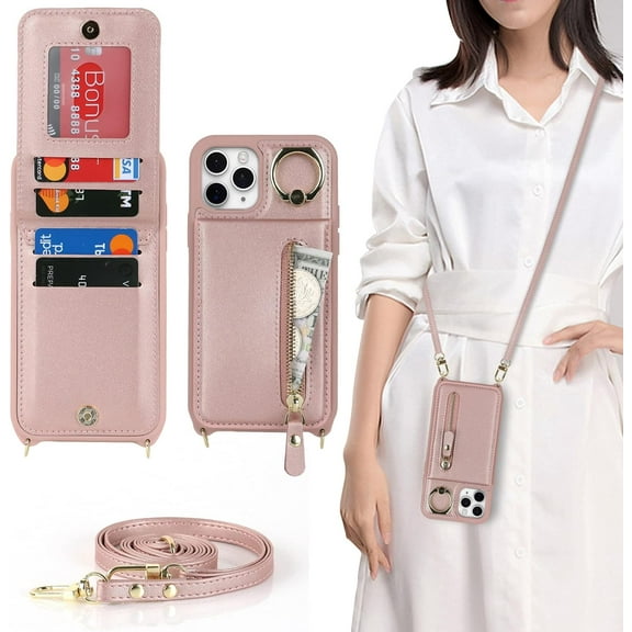 iPhone 11 pro max Case with Card Holder for Women, iPhone 11 pro max Phone Case with Strap Credit Card Slots Crossbody with Kickstand Zipper Shockproof Case for iPhone11promax - Rose Gold