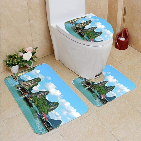 PUDMAD Floating Village Near Rock Islands in Halong Bay 3 Piece Bathroom Rugs Set Bath Rug Contour Mat and Toilet Lid (Best Villages Near Bath)