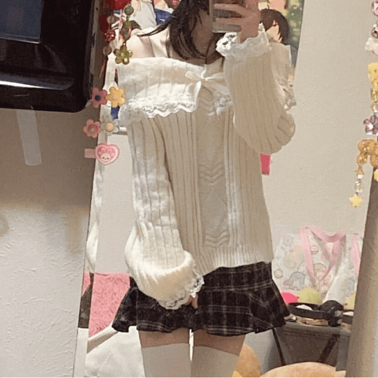 Women Fairy Off Shoulder Lace Trim Sweater Y2k Kawaii Long