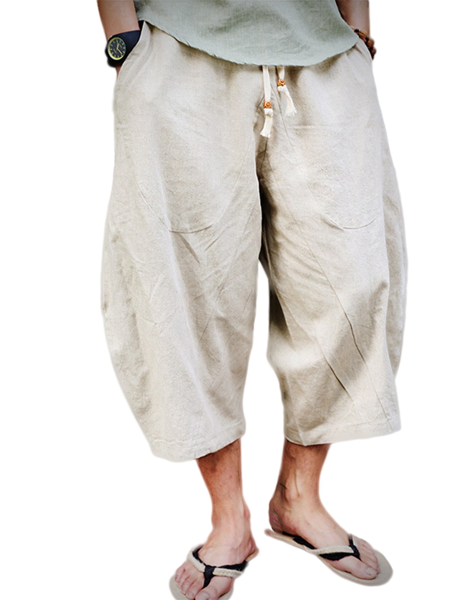 Mens 3/4 Length Cotton Linen Trousers Summer Casual Elastic Waist Loose Pants 