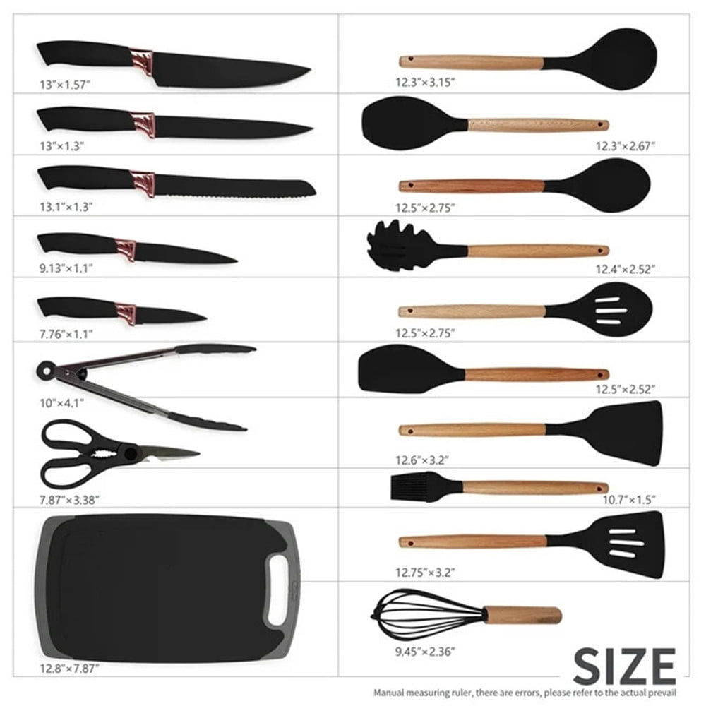 TEAFIRST Silicone Kitchen Cooking Utensils Set, 19 Pieces Utensil with Holder, Heat Resistant, Black
