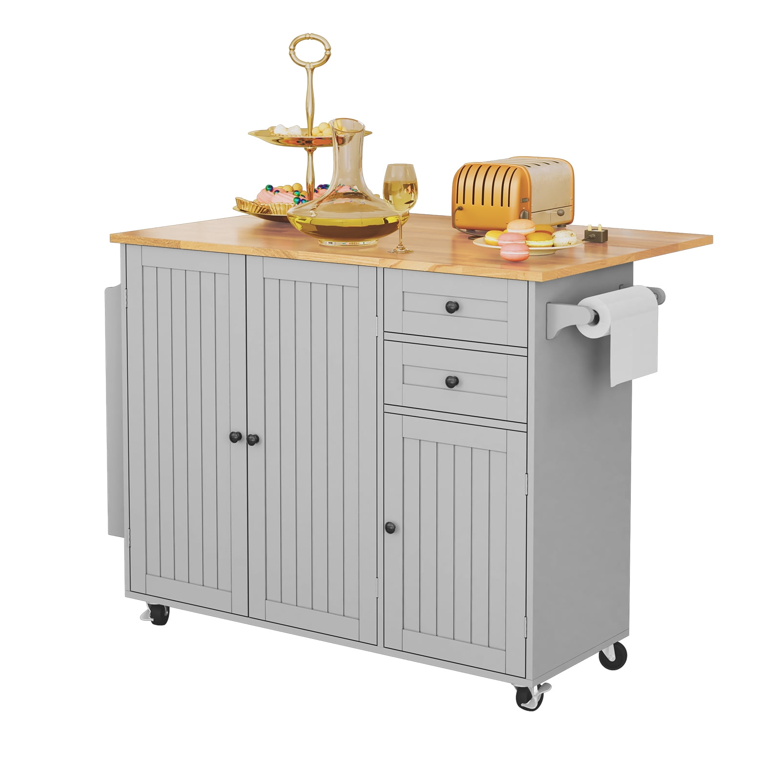 CBJCBJ 50.4" Kitchen Island with Storage, Wood Top Cart with Drop Leaf and Wheels, Gray