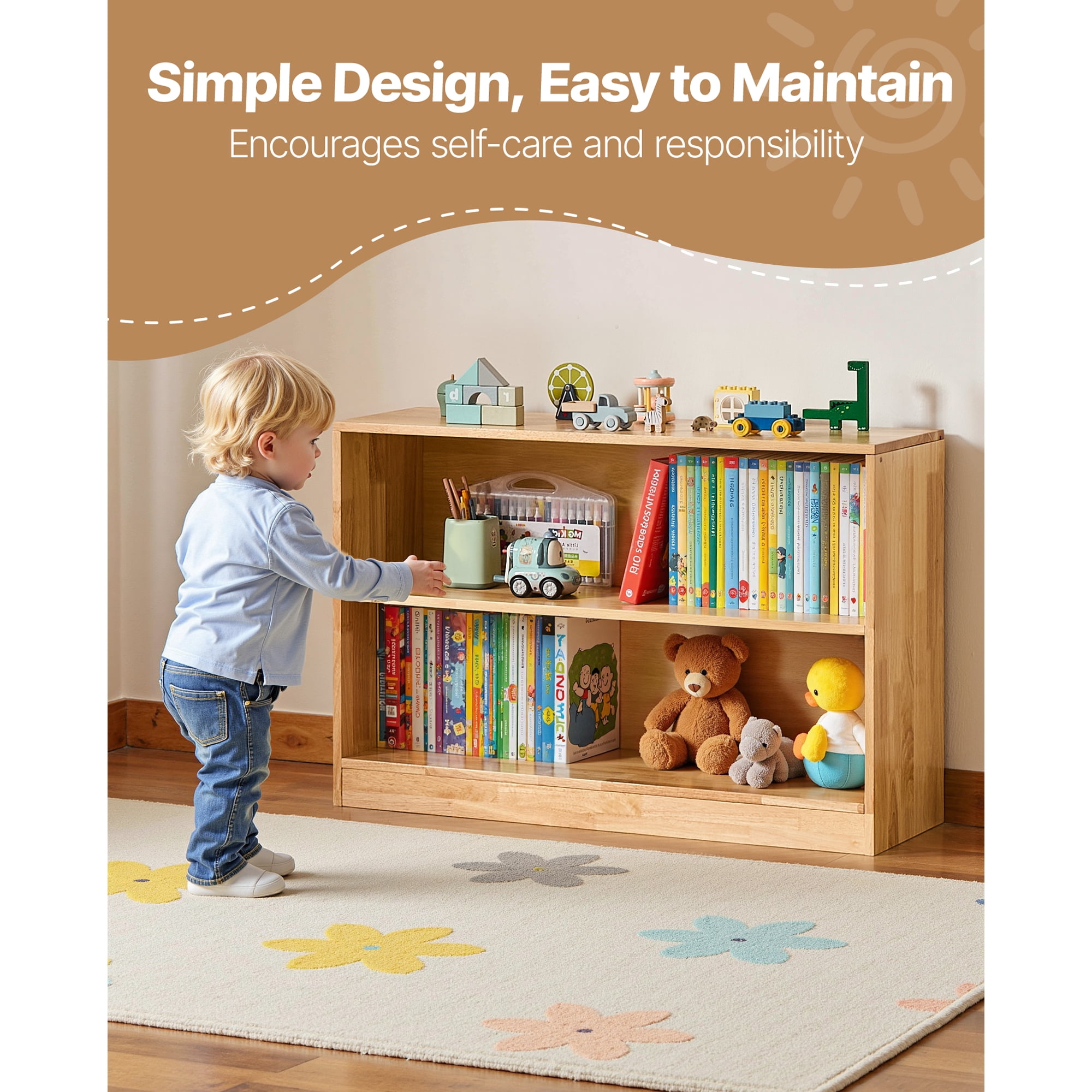 KFFKFF Montessori Bookshelf, 35.4-inch Wide Toy Organizer, 2-Tier Children's Display Cabinet, Daycare Furniture, Kids Storage Shelf for Bedroom, Nursery, Living Room, Entryway, Preschool, Brown
