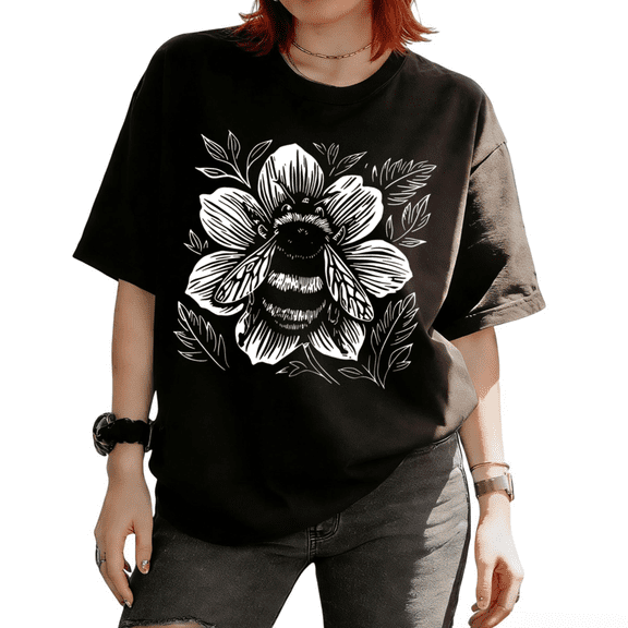 Cozymy Women's Linocut Bumblebee Flower Graphic Short Sleeve T-Shirt Cotton Simple Minimalist Tees