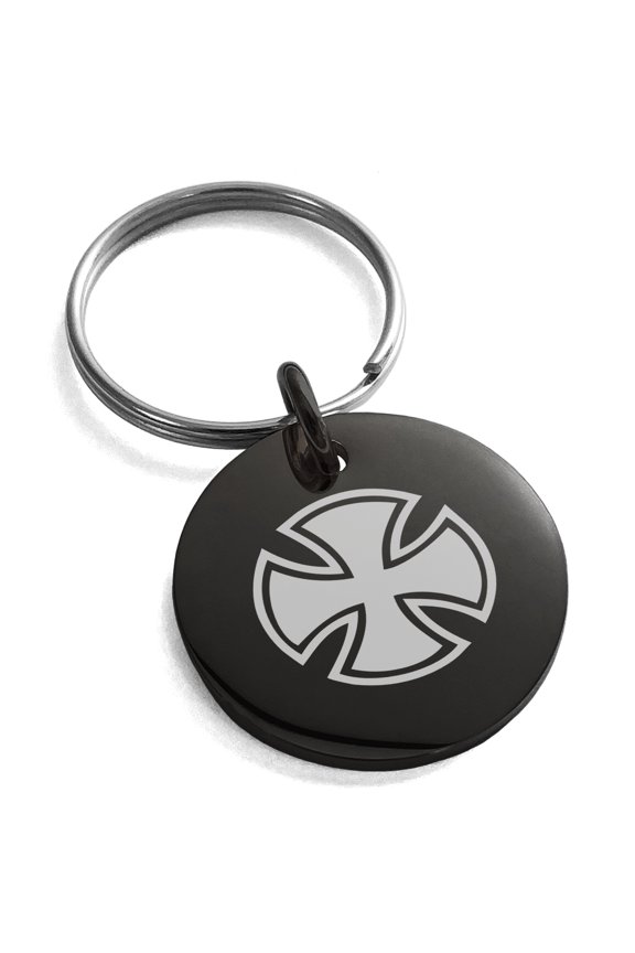 Stainless Steel Pattee Iron Cross Circlet Engraved Small Medallion Circle Charm Keychain Keyring
