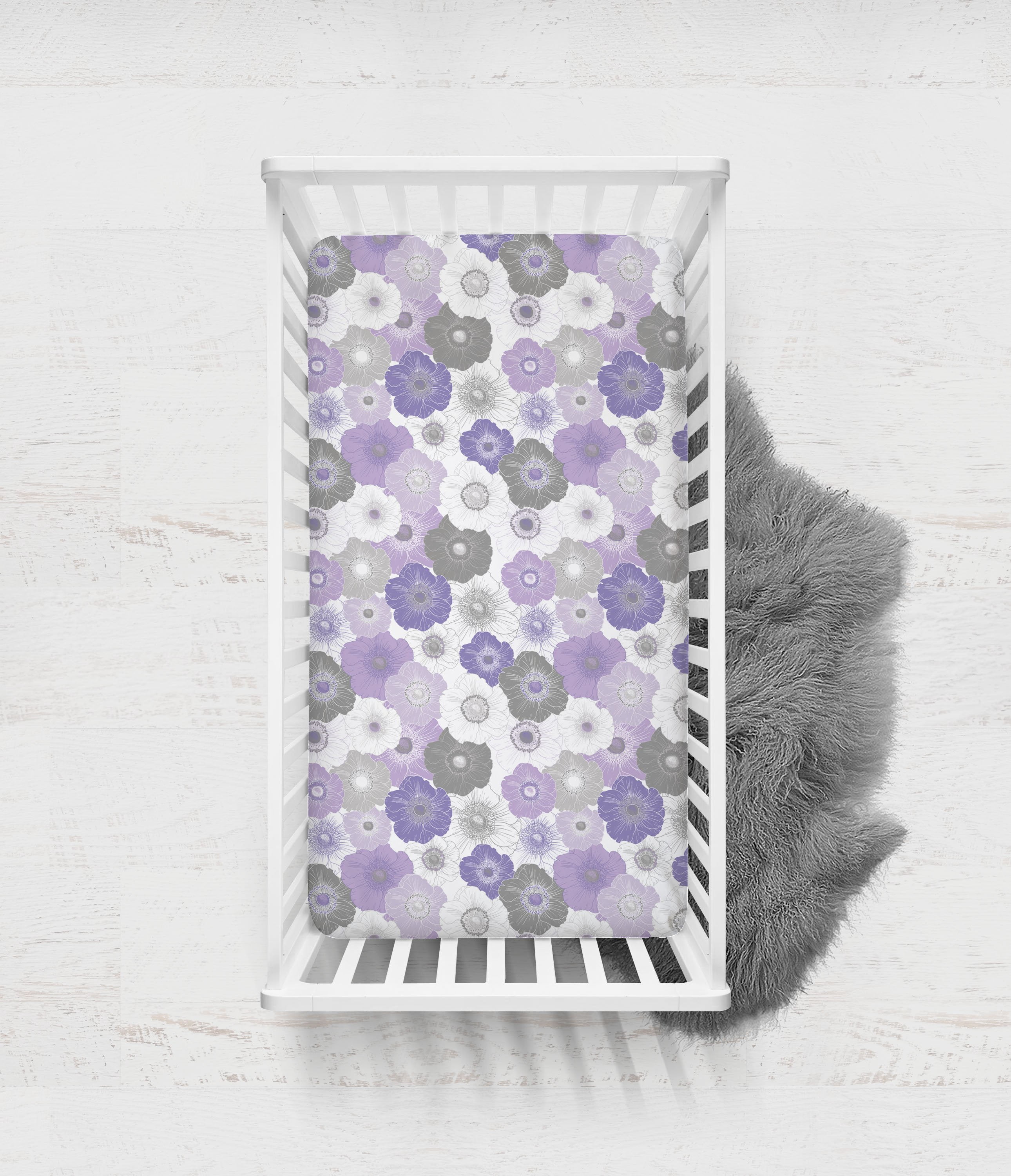 Bacati - Crib or Toddler Bed Fitted Sheet, Watercolor Flowers Purple Gray