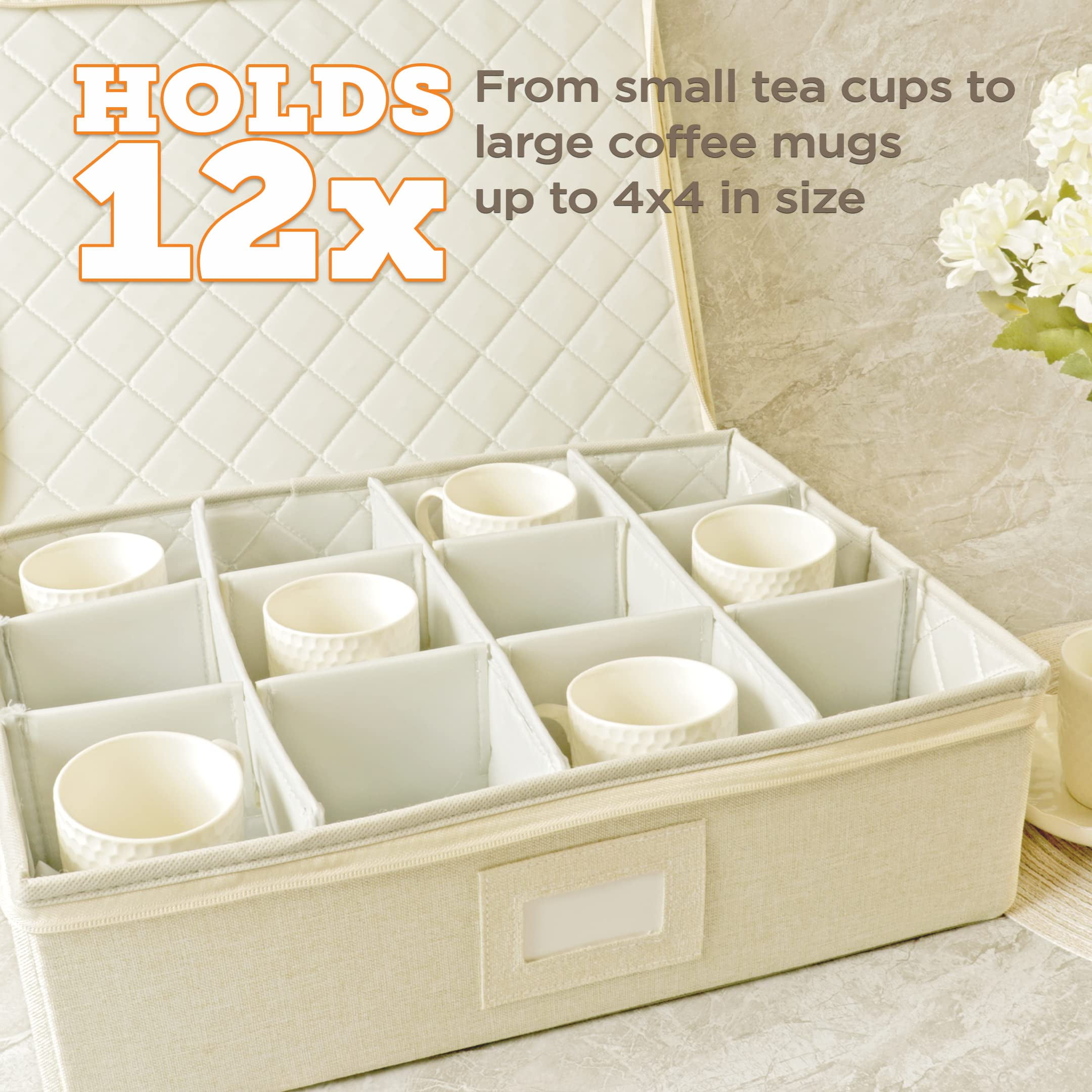 LotFancy Cup and Mug Storage Box, China Coffee Mug Storage Container with  Dividers & Handles, Beige