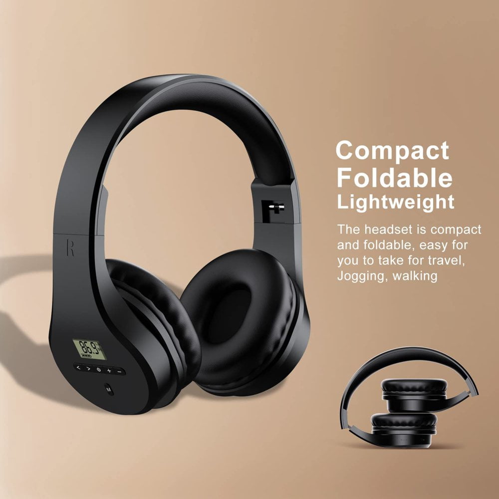 SUGARMOM Portable Rechargeable FM Radio Headphones Bluetooth Earmuffs Transistor Radios with Best Reception Wireless Radio Headset Built-in Mic TF Card. Walkman Radio for Mowing Jogging