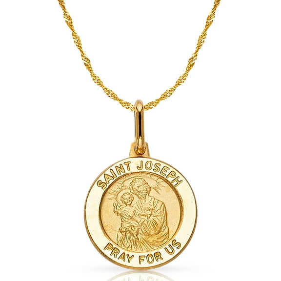 14K Yellow Gold St. Joseph Pray For Us Charm Pendant with 0.9mm Singapore Chain Necklace - 16"