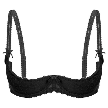 Aiihoo Women 1/4 Cup Lace Shelf Bra Balconette Underwired Demi Shelf Bra Sheer Bralette Black M