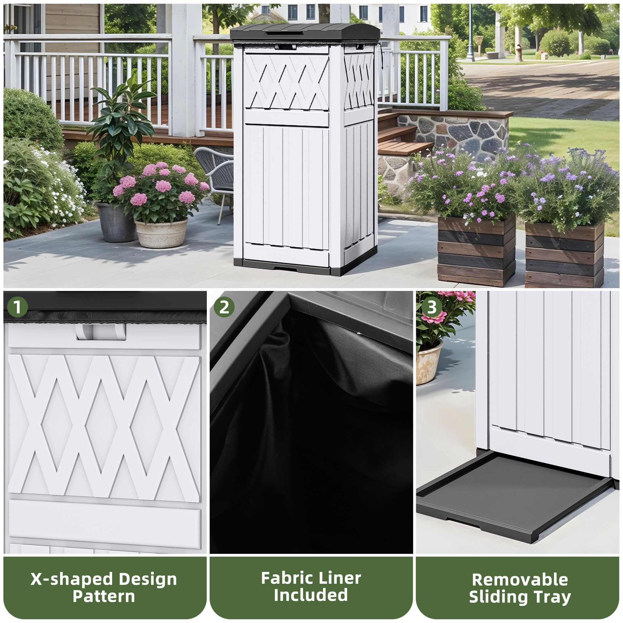 Uforic 31 Gallon Large Outdoor Trash Bin, Waterproof Resin Garbage Can with Lid & Drip Tray, Waste Container,for Porch, Backyard, White