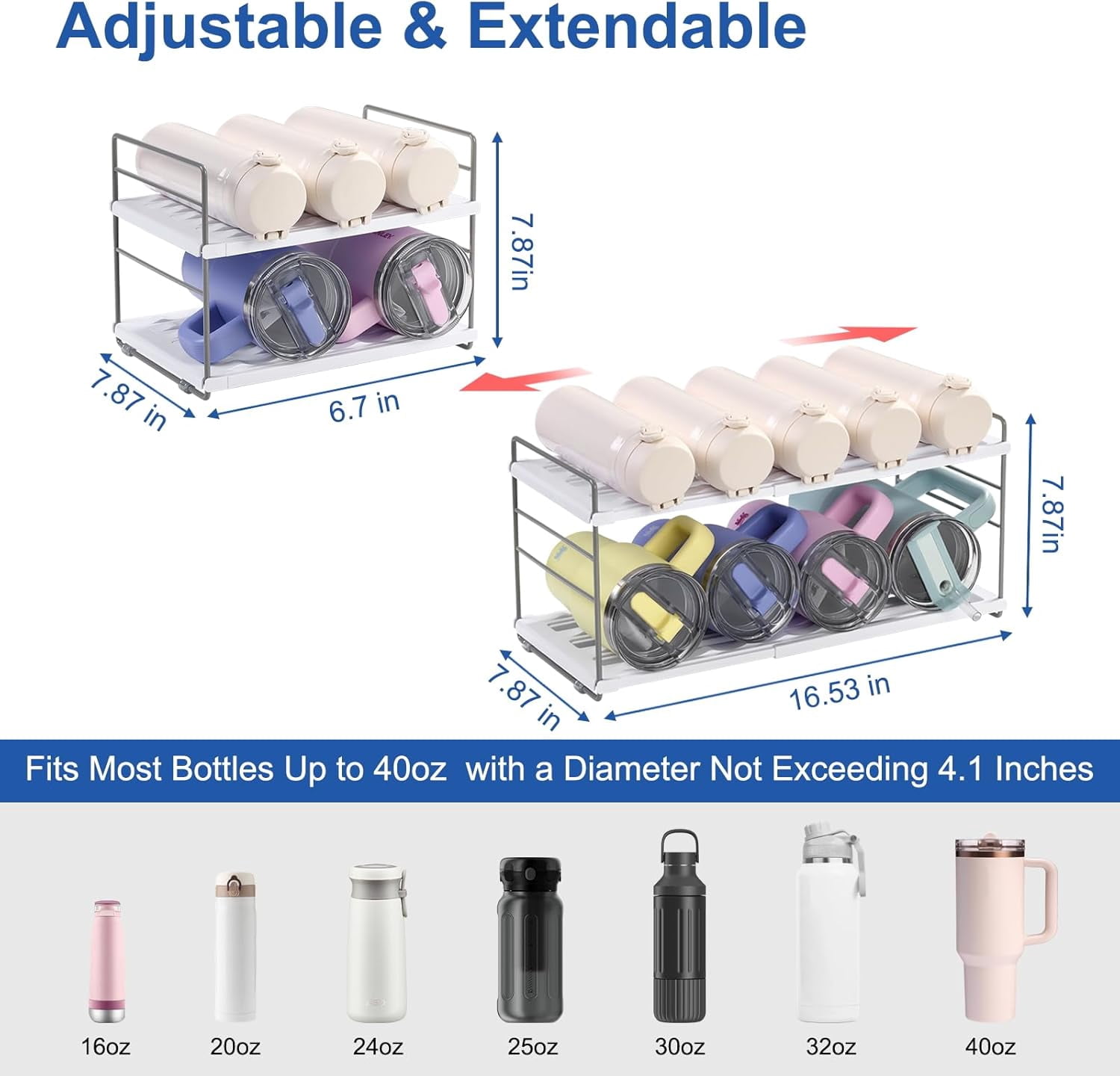 NestE-Water Bottle Organizer For Cabinet, Adjustable Tumbler Storage, Expandable 2 Tier Cup Organizer For Kitchen, Water Bottle Shelf Rack Holder For Pantry Countertop Fridge, White
