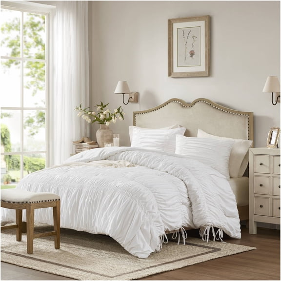 JERFIT King Size Comforter Set 3-Piece, All-Season Ultra Soft Microfiber Bedding Set with Ruffled Shams, White French Country Quilt