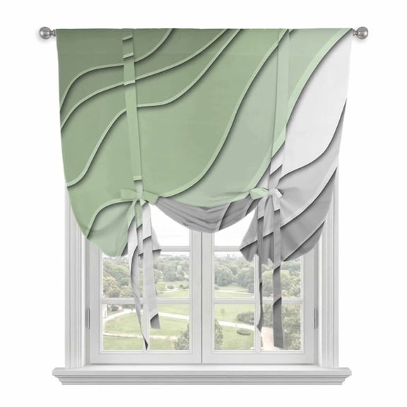 Sage Green Tie Up Curtain 45 Inches Long, and Grey Ombre Stripes Geometric Color Gradient Balloon Style Kitchen Window Curtain Over Sink, Small Window Rod Pocket Curtain 42"x45"