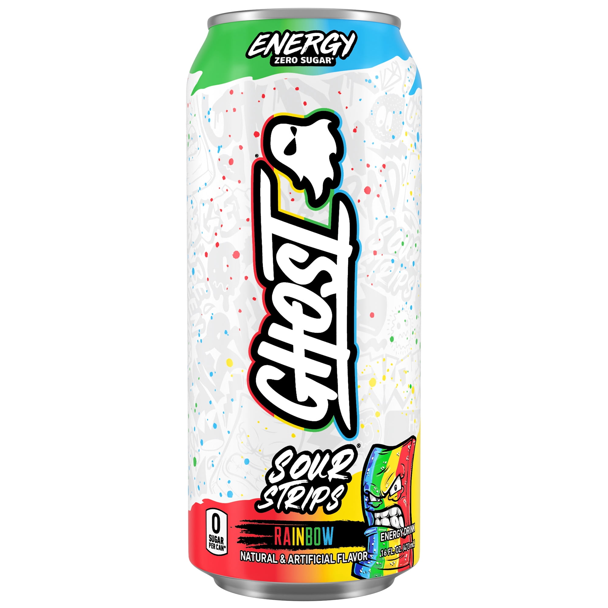 GHOST® ENERGY Zero Sugars Energy Drink, Sour Strips Rainbow Candy, 200 mg Natural Caffeine, 16 fl oz Can