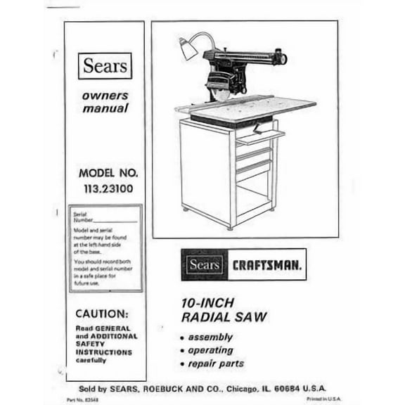 Instruction Manual ONLY for 1977 Craftsman 113.23100 10" Radial Arm Saw Instructions REPRINT