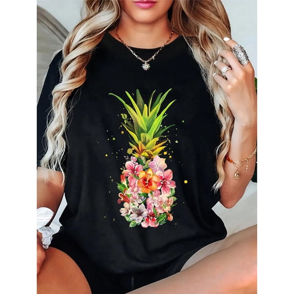 100% Cotton Pineapple Flowers Women Aloha Hawaii Vintage Hawaiian Floral T-Shirt