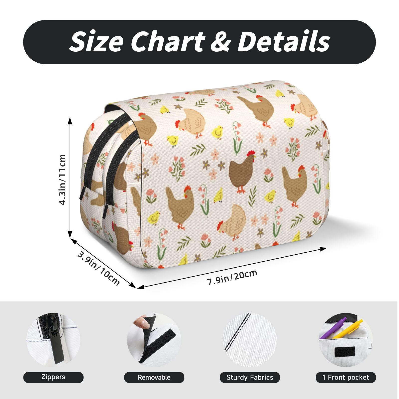Rateoe Chicken Family Pattern Double Clamshell Pen Case, Storage Organizer with Two Zipper Compartments– Holds Up to 50 Pencils & Pens