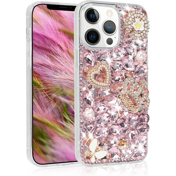 Compatible with iPhone 15 Pro Bling Diamond Case Fashion Luxury Glitter Shiny Crystal Rhinestones Case Sparkling 3D Heart Crown Flower and Butterfly Gemstone Case for Women and Girls, Pink