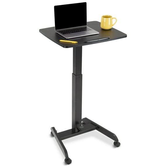Stand Steady Multifunctional Tilting Mobile Podium | Portable Sit Stand Lectern with Pneumatic Height Adjustments | Rolling Laptop Stand with Adjustable Tilt for School & Office (Black)