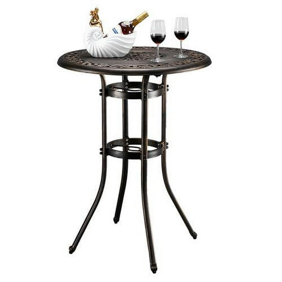 VINGLI 32" Cast Aluminum Round Outdoor Bistro Table with Umbrella Hole, Antique Bronze