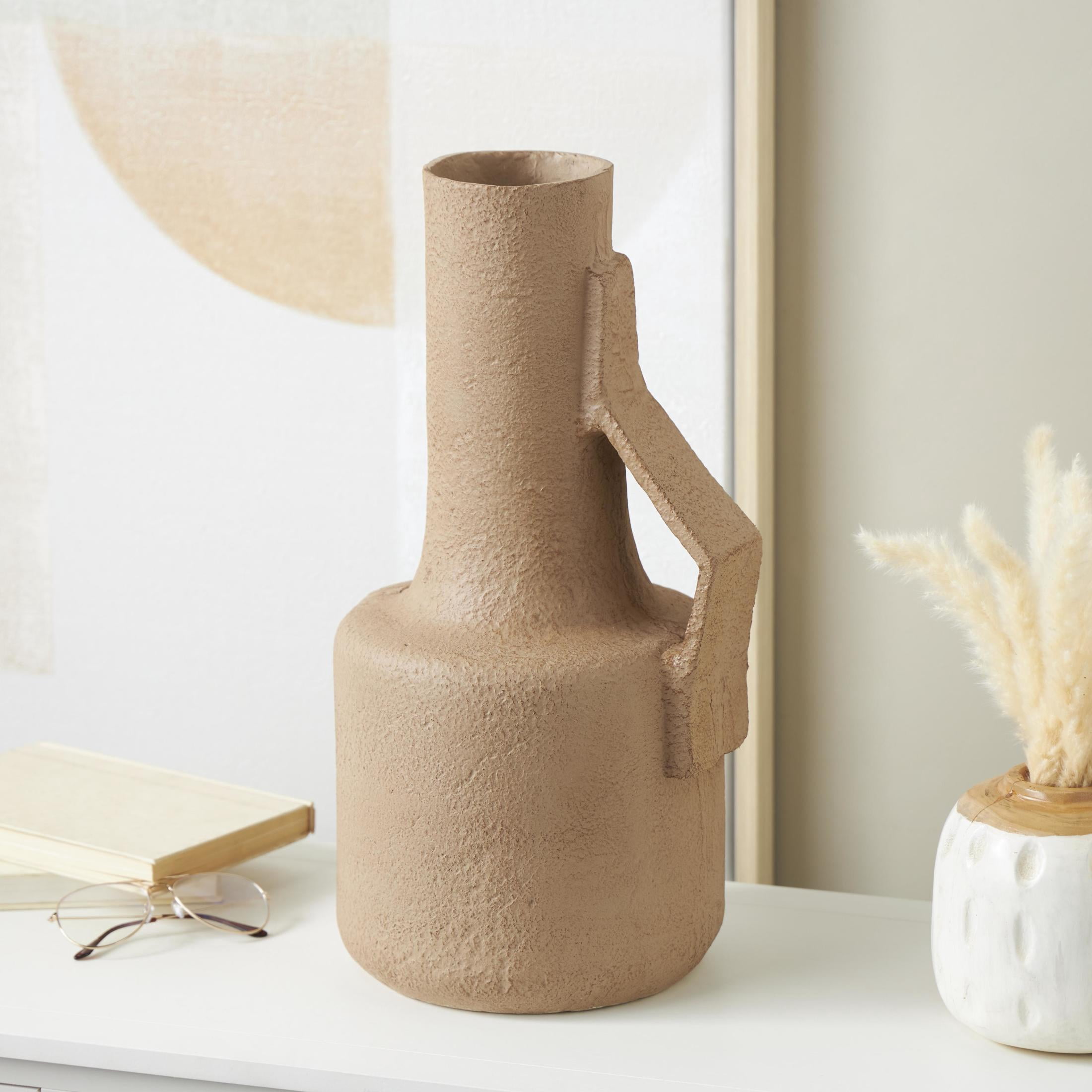 DecMode 19" Abstract Distressed Textured Brown Paper Mache Vase with Triangular Handle