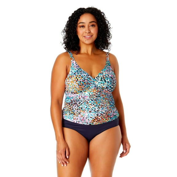 Anne Cole Women's Plus Size Sunset Dot Hidden Underwire Drape Front Tankini Swim Top