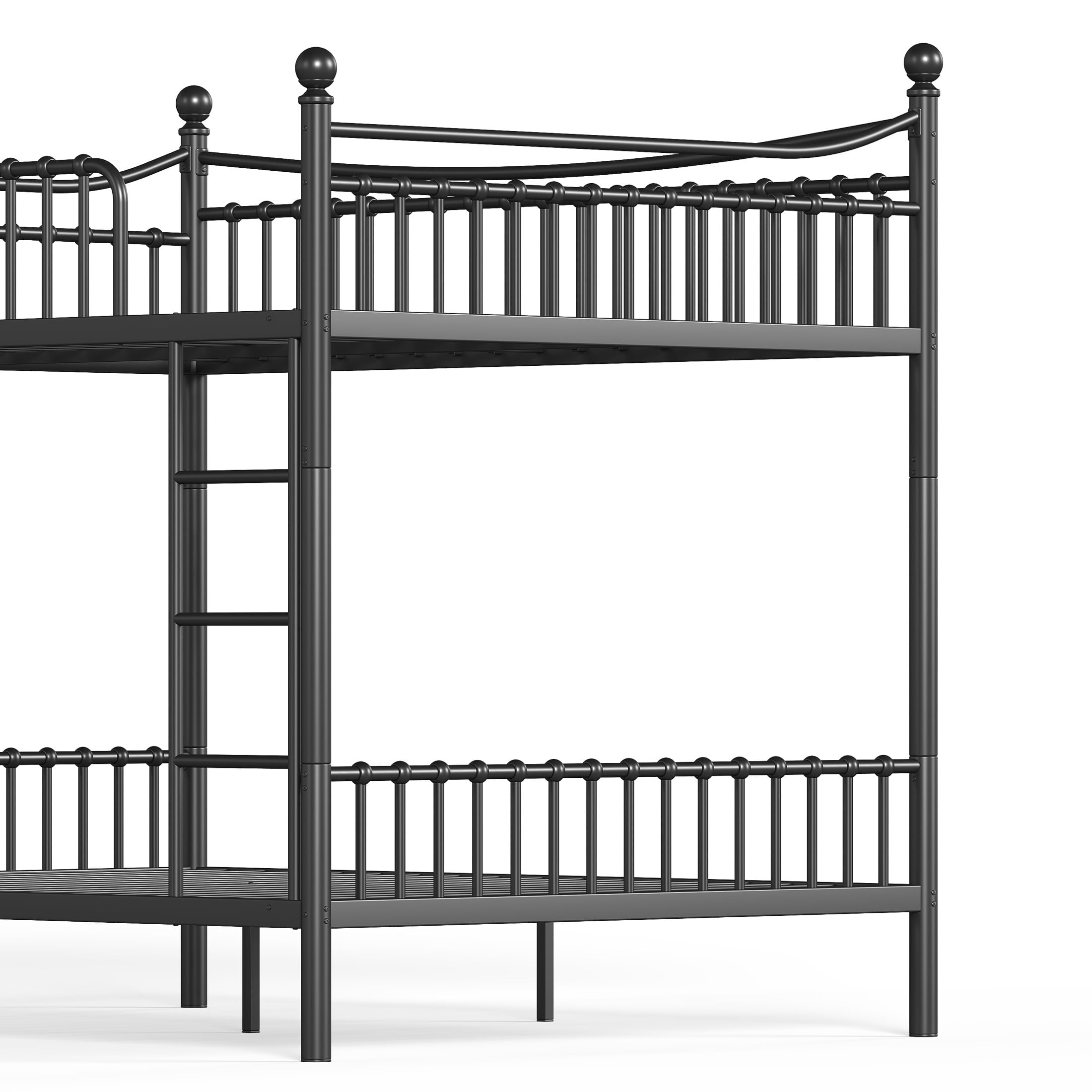 GDF Studio Queen over Queen Metal Bunk Bed with Curved Guardrails, Round Tube Frame, Black