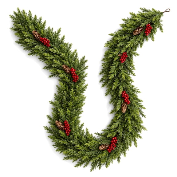 Glazina 9ft Christmas Garland, Real Touch Pure PE, Cedar Garland with Red Berries and Pinecones for Decorations Indoor and Outdoor