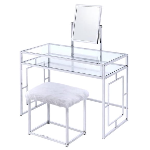 Bowery Hill Vanity and Stool in White and Chrome