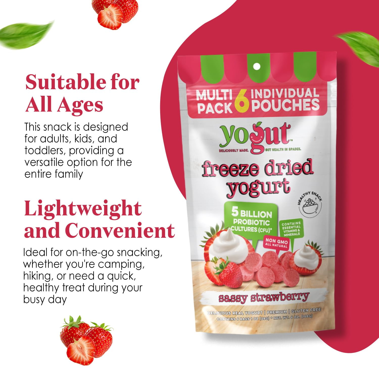 YoGut Freeze-Dried Strawberry Yogurt Bites, Crunchy Snack with Probiotics, Gluten-Free, Non-GMO, 6 Pack for Kids & Adults