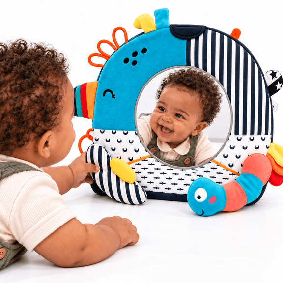 Autumn Bliss Co Baby Sensory Activity Mirror Toy – High Contrast Black & White Developmental Toy with Crinkle Textures, Teether, Ribbon Tags & Interactive Animal Features for Sensory Exploration