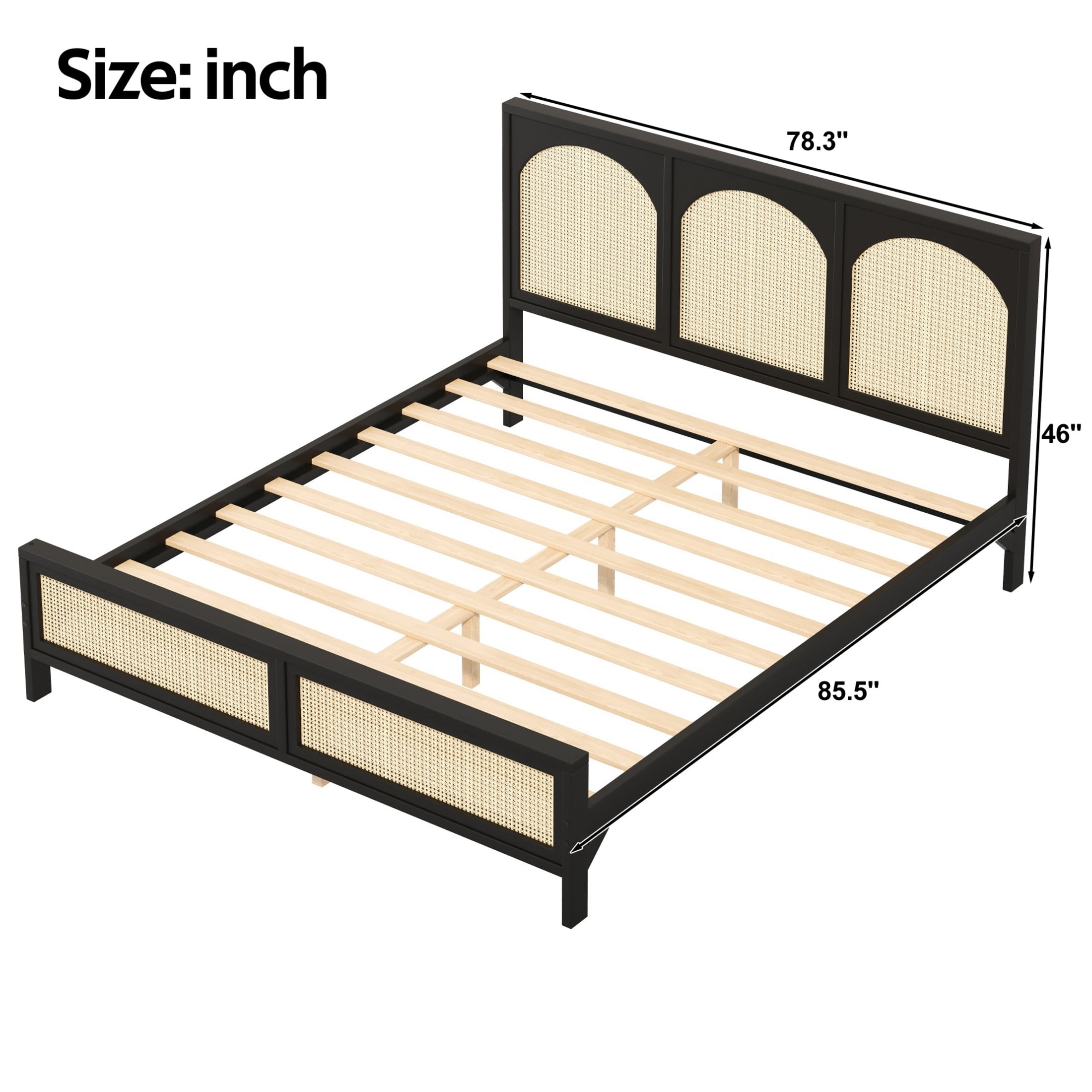 Noble House Driscoll King Size Wood Platform Bed with Rattan Headboard & Footboard, Modern Bed Frame, Black