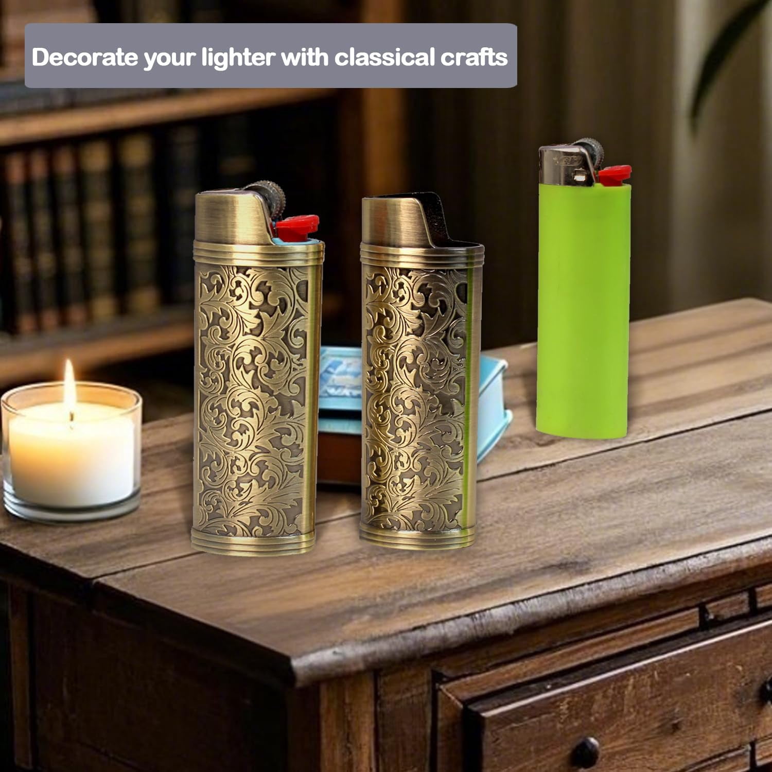 2 Pack Vintage Metal Lighter Case Cover Front Arabesque Engraving Reusable Lighter Sleeve for Bic J6 Regular Lighters (Style1-Bronze)