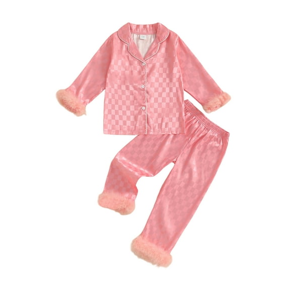 Spewahor 1-5T Kids Baby Girls Plaid Pajamas Sets Fashionable Fur Trim Lapel V Neck Long Sleeve Tops with Pants 2Pcs Sleepwear