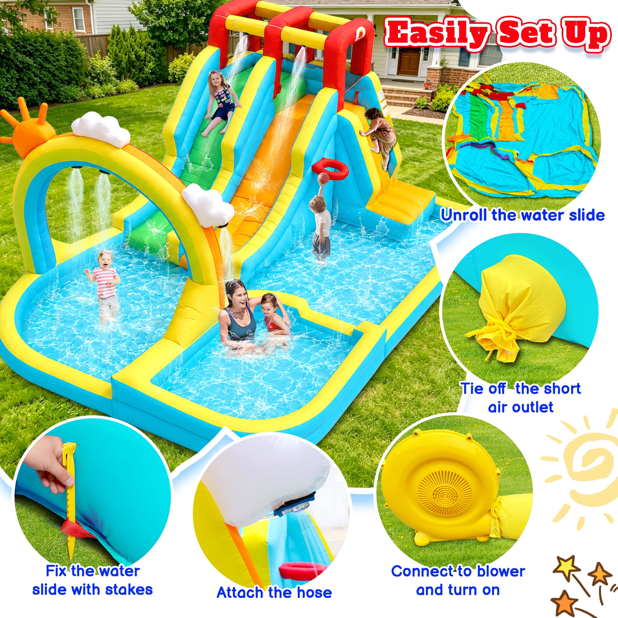 WELLFUNTIME Inflatable Water Slide for Kids, Bounce House with Blower, Water Park with Double Slides, Splash Pool