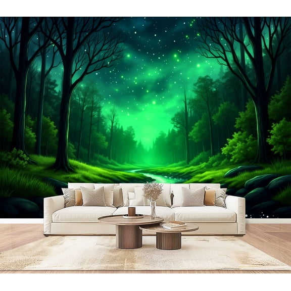 Wallpaper Mystical Forest Glowing Green Sky Serene River Peel and Stick Wall Murals 100"H x 144"W Removable PVC Wall Paper Self-Adhesive Wall Paintings Art Decor for Bedroom Living Room