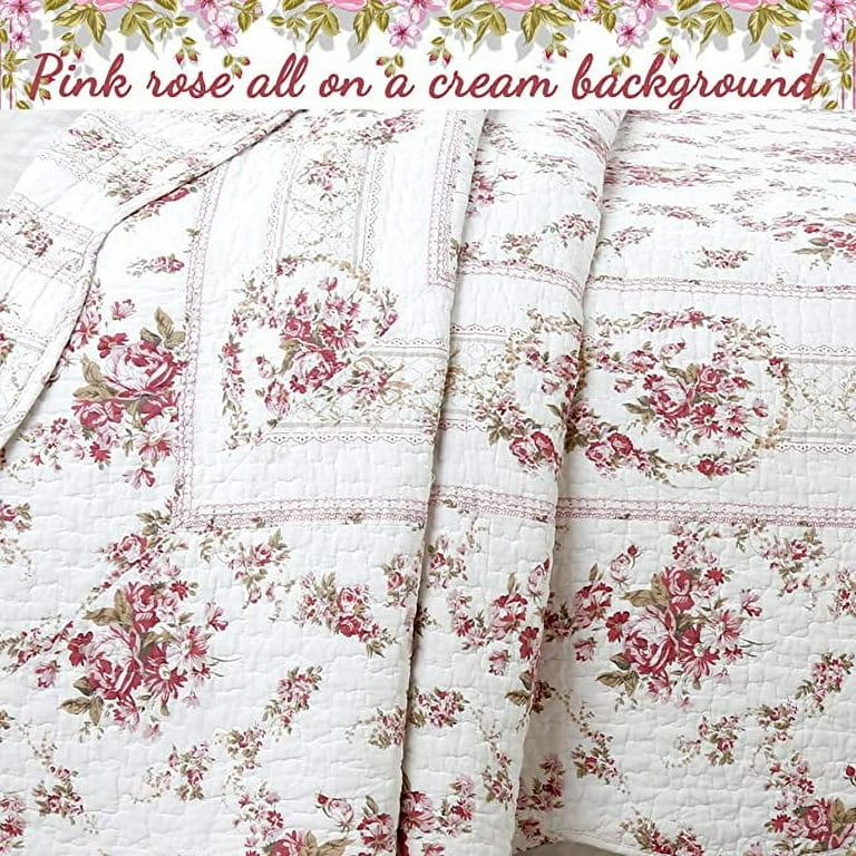 Cozy Line Cottage Vintage Rose Reversible 100% Cotton Quilt Bedding Set,  3-Piece Queen Set 
