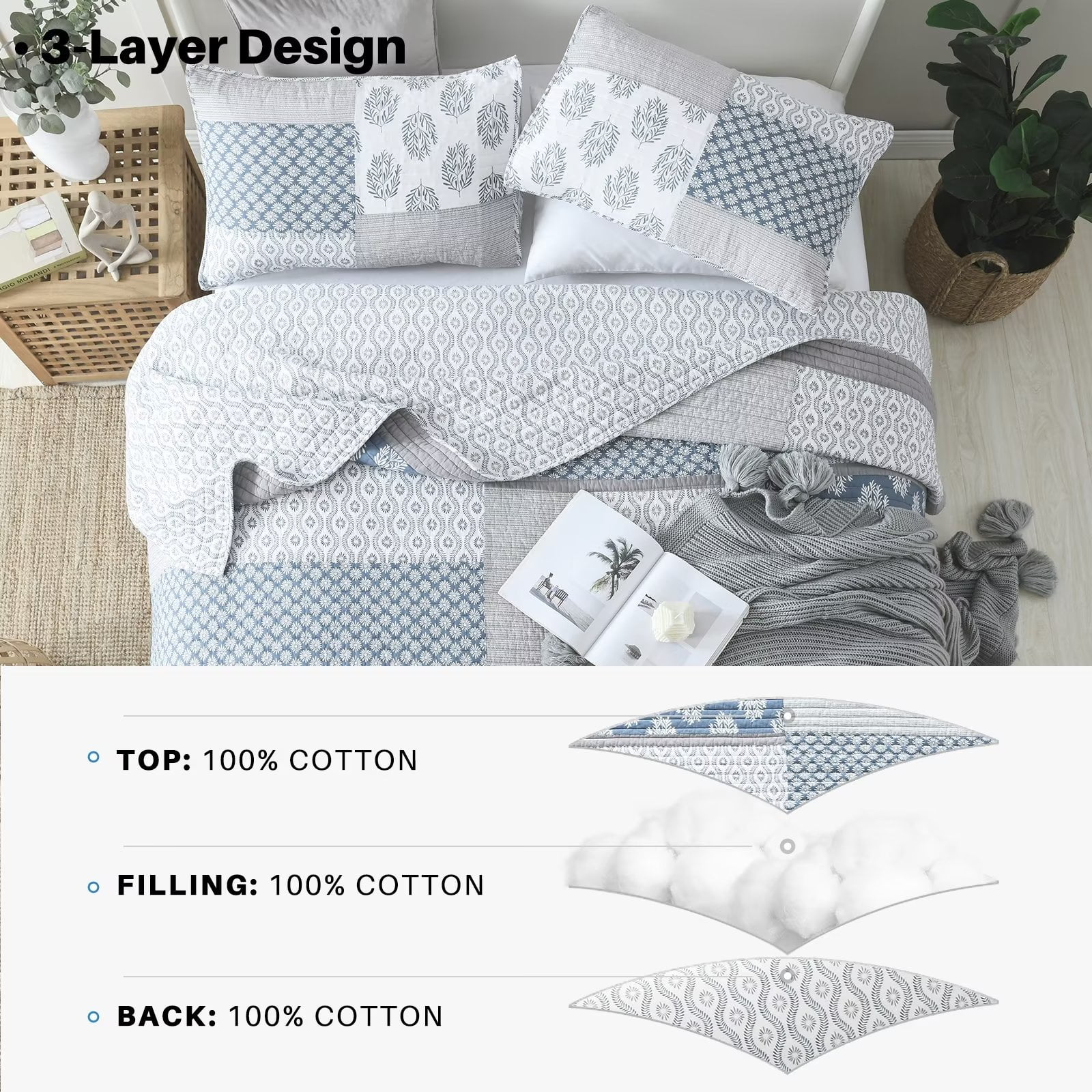 Bedduvit Queen Size Quilt Set - 100% Cotton Blue Gray Floral Real-Patchwork Plaid Striped Farmhouse Bedspread for Queen Bed, Reversible Lightweight Spring/Winter Comforter Bedding Set, 3-Piece 98"x90"